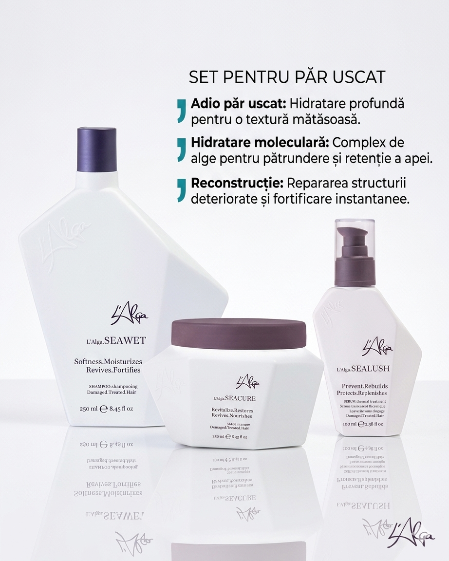 set l alga seawet, seacure, sealush set l alga seawet seacure sealush - <h4>Setul pentru par degradat L alga Seawet, Seacure, Sealush</h4> Complexul Bio-Protector – inclusiv biotină și niacinamidă – repară daunele prin pătrunderea părului pentru a fortifica, a hrăni profund și a întări firul din interior spre exterior. În timp ce stimulează circulația scalpului și întinerește foliculii de păr, AlgaNord 5™ restabilește părul suprasolicitat la vârf cu fiecare doză, îmbunătățind elasticitatea părului fără vârstă. Adaugă catifelare, strălucire și corp.
